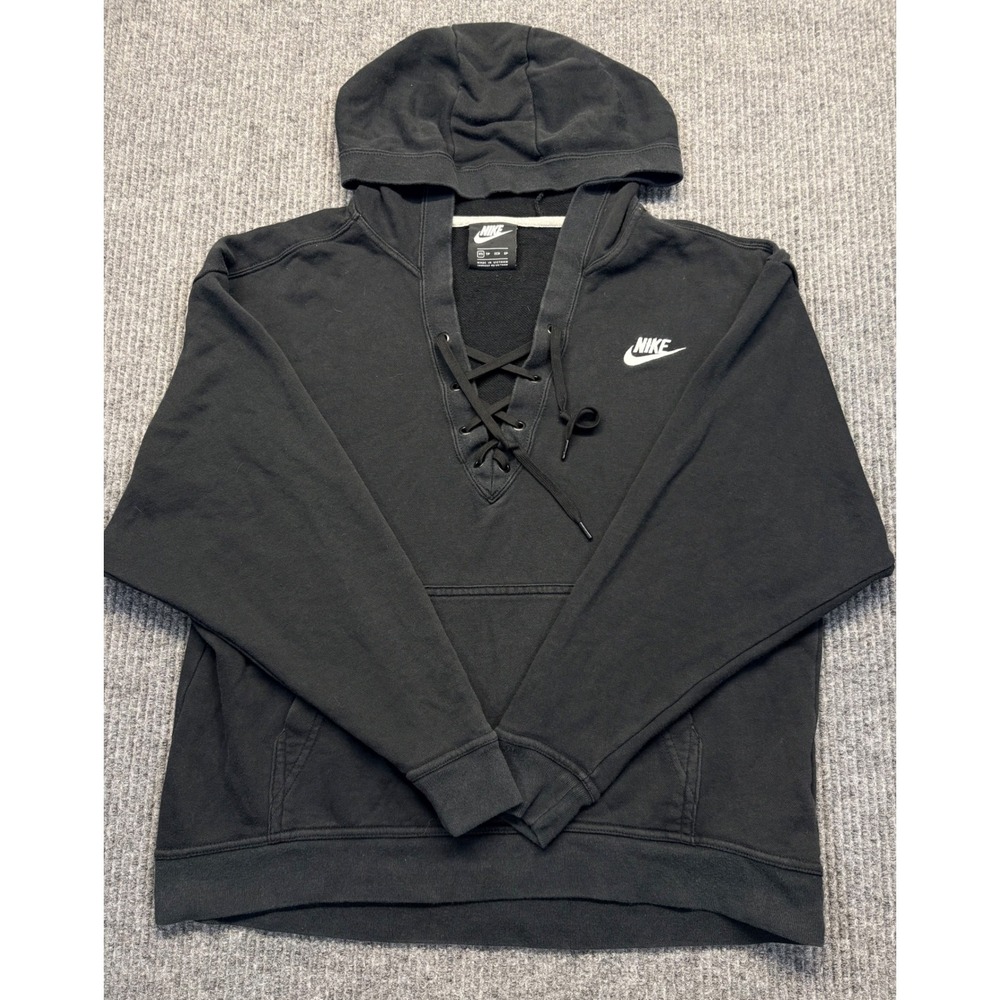 Nike Womens Sportswear Lace Up Hoodie Black French Terry XS AJ2983-010